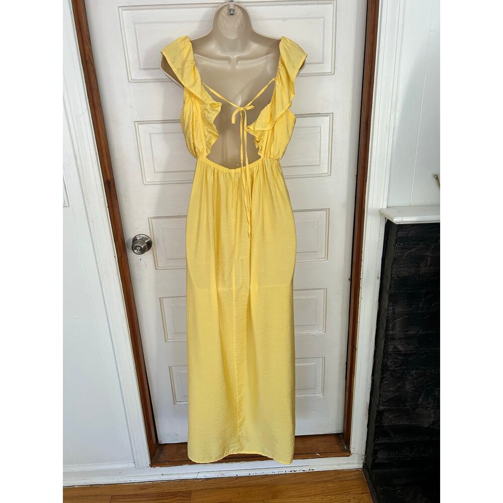 Vero Moda Dress Maxi Butter Yellow Ruffle Sleeve V Neck Tie Back Women's Medium - Picture 3 of 10